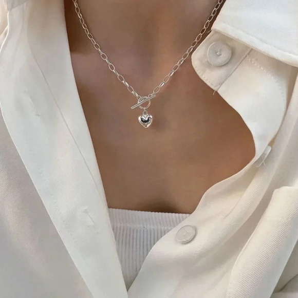 925 Sterling Silver Heart Toggle Chain Necklace Chunky Heart Necklace - Picture 1 of 6